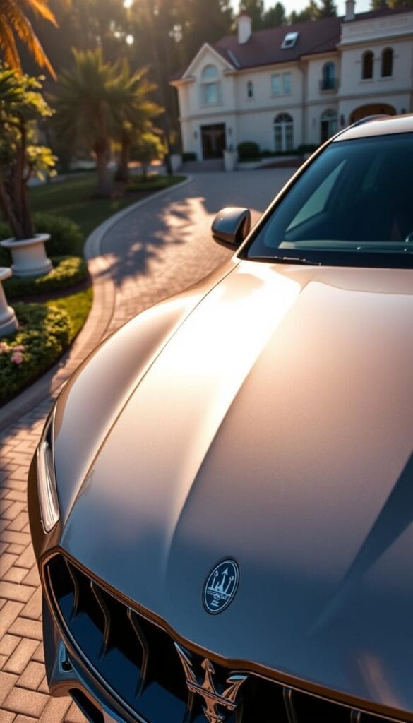 A sleek, metallic Maserati Levante SUV parked in a luxurious driveway, surrounded by lush greenery and a pristine residential estate. The vehicle is bathed in warm, golden sunlight, its muscular lines and chrome accents gleaming. The camera angle is angled slightly above, capturing the vehicle's imposing presence and premium aesthetic. The scene exudes a sense of exclusivity, wealth, and the high-end ownership experience associated with this iconic Italian luxury marque. Subtle reflections on the glossy surface add depth and realism to the image.