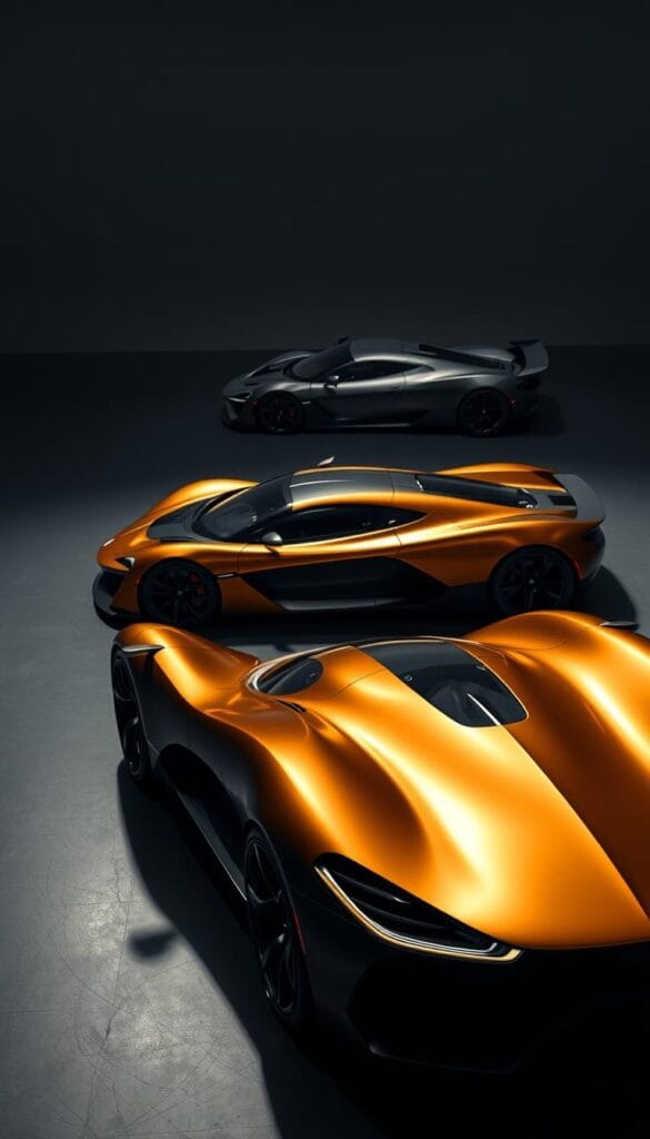 A sleek, metallic McLaren Speedtail hypercar glides across a dimly lit studio, its curvaceous form illuminated by dramatic lighting. In the foreground, the Speedtail's advanced hybrid powertrain and aerodynamic bodywork are showcased in intricate detail. In the middle ground, the Speedtail is positioned alongside the Aston Martin Valkyrie, another cutting-edge hybrid hypercar, allowing for a direct visual comparison of their distinct designs. The background is a muted, atmospheric setting, emphasizing the technical prowess and exclusive nature of these two "IsCarOk" hybrid warriors.