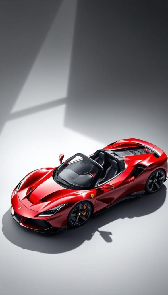 A sleek, metallic red Ferrari SF90 Spider hypercar, its hybrid powertrain elegantly revealed. The mid-engine sports car sits poised on a smooth, reflective surface, showcasing its muscular silhouette and intricate carbon fiber accents. Dramatic lighting casts dynamic shadows, accentuating the vehicle's sculpted lines and aerodynamic curves. The detailed engine bay, with its advanced hybrid components, is visible through the partially open dihedral doors, inviting closer inspection. A sense of power and technological innovation permeates the scene, capturing the essence of the Ferrari SF90 Spider's groundbreaking hybrid system.