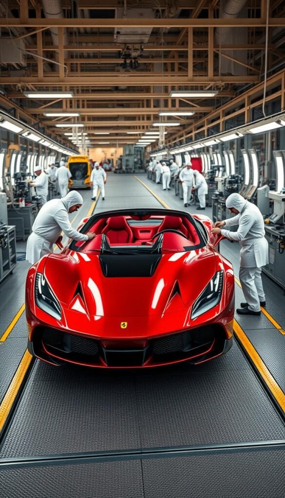 A sleek, metallic red Ferrari SF90 Spider is being carefully assembled on a state-of-the-art manufacturing line. Skilled technicians, clad in clean room-like uniforms, meticulously install the components, with a focus on precision and attention to detail. The assembly process is bathed in a warm, diffused lighting, creating a sense of energy and dynamism. The camera angle captures the car's dynamic silhouette, emphasizing its bold, aerodynamic design. In the background, the pristine, high-tech factory floor and the orderly rows of workstations suggest a highly efficient and controlled production environment, befitting the exclusivity of this limited-edition supercar.