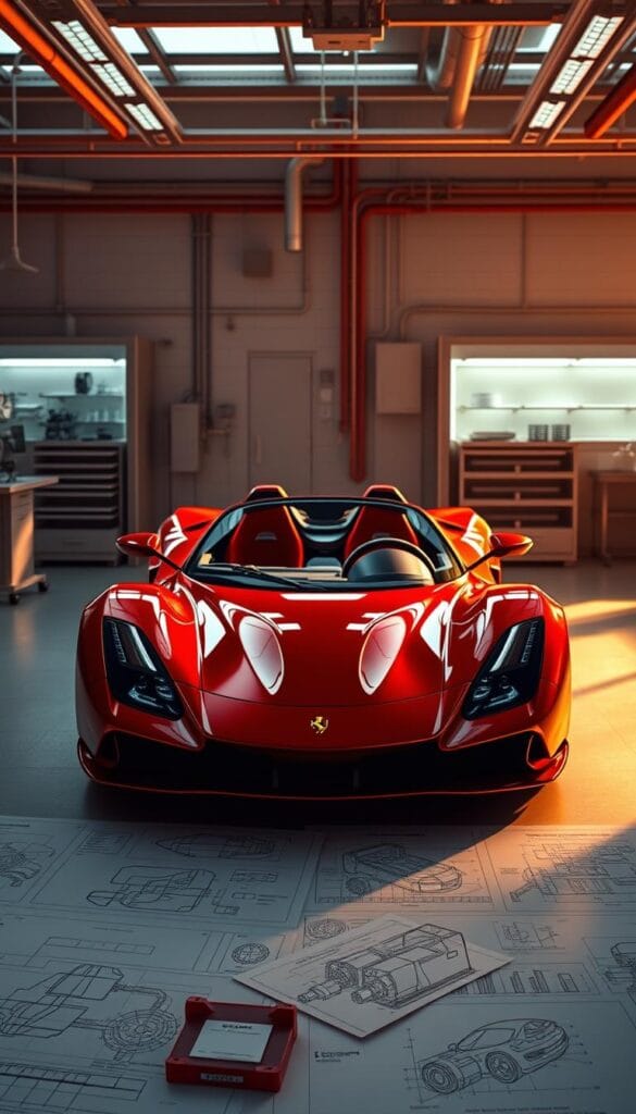 A sleek, metallic red Ferrari SF90 Spider, meticulously engineered, takes center stage against a backdrop of a high-tech laboratory. The intricate chassis and aerodynamic bodywork are illuminated by warm, directional lighting, casting dramatic shadows that accentuate the vehicle's sculptural form. In the foreground, detailed schematics and engineering diagrams hover, providing a glimpse into the innovative design process. The overall atmosphere conveys a sense of precision, power, and the relentless pursuit of automotive excellence.
