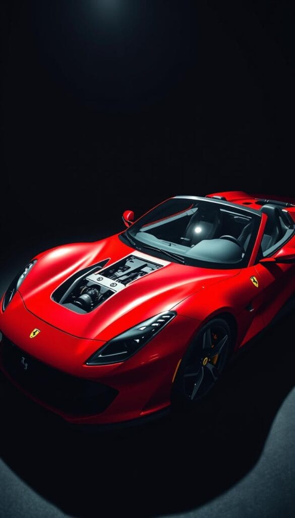A sleek, metallic red Ferrari SF90 Spider sports car parked in a dimly lit studio, its bold lines and sculpted curves illuminated by dramatic studio lighting, casting dramatic shadows that accentuate its powerful stance. The car's advanced hybrid powertrain, featuring a twin-turbocharged V8 engine and three electric motors, is showcased through a partially transparent hood, revealing intricate mechanical details. The car is captured from a low, dramatic angle, emphasizing its muscular, aerodynamic design. The background is blurred, keeping the focus on the vehicle's masterful performance specifications.