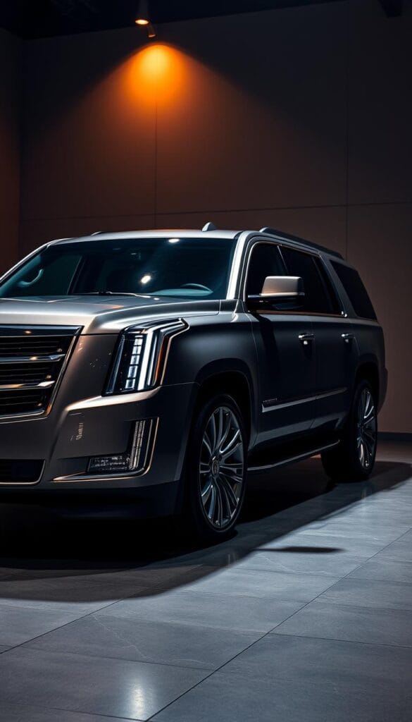A sleek, meticulously crafted Cadillac Escalade stands in a dimly lit showroom, its chrome accents gleaming under a warm spotlight. The vehicle's bespoke exterior features a sinuous, hand-sculpted body panel that seamlessly integrates with the iconic grille and headlight design. The interior exudes an atmosphere of refined luxury, with supple, hand-stitched leather upholstery and precision-engineered brushed metal accents. A sense of artisanal craftsmanship permeates every detail, from the expertly machined, bespoke wheels to the custom-designed, backlit dashboard. The overall impression is one of exceptional quality, attention to detail, and a relentless pursuit of perfection.