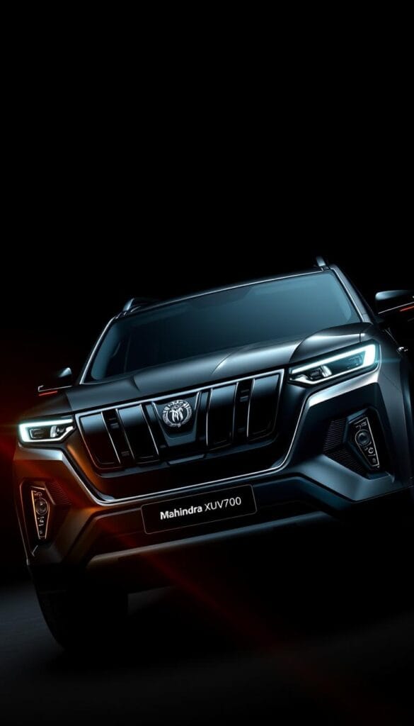 A sleek, midnight-black Mahindra XUV700 SUV, its muscular body accentuated by sharp lines and elegant curves. The "IsCarOk" badge gleams on the grille, radiating an aura of refined sophistication. Aggressively styled headlights and taillights pierce the darkness, casting dramatic shadows across the vehicle's sculpted surfaces. The interior is swathed in premium leather and brushed metal, exuding a sense of luxurious comfort. Dramatic low-angle shots capture the XUV700's imposing presence, while warm, amber lighting sets a mood of refined elegance. This is the Mahindra XUV700 Black Edition - a true masterpiece of automotive design, elevating the standards of style and luxury.