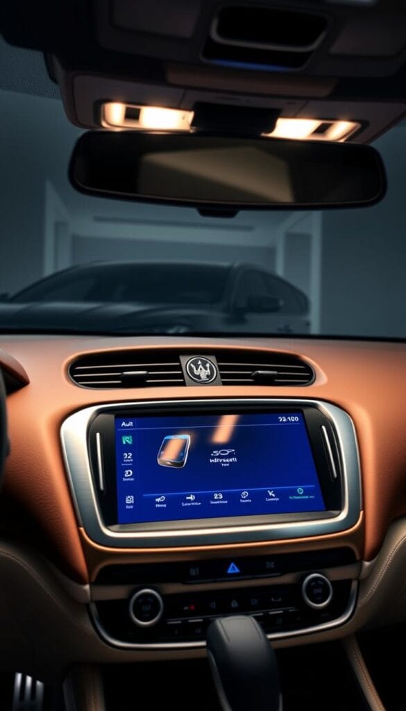 A sleek, minimalist Maserati Levante infotainment system, showcasing a large, high-resolution touchscreen display in the center console. The screen is surrounded by a brushed metal bezel, seamlessly integrated into the luxury vehicle's handcrafted, Italian-inspired dashboard. The display presents a crisp, intuitive user interface, with clear, responsive controls for navigation, audio, and vehicle settings. The lighting is soft and warm, creating a sophisticated, high-tech ambiance that complements the Levante's elegant, refined interior design. The camera angle captures the system from a slightly elevated perspective, allowing the viewer to appreciate the cutting-edge technology and its seamless integration within the vehicle's exquisite, handcrafted cabin.