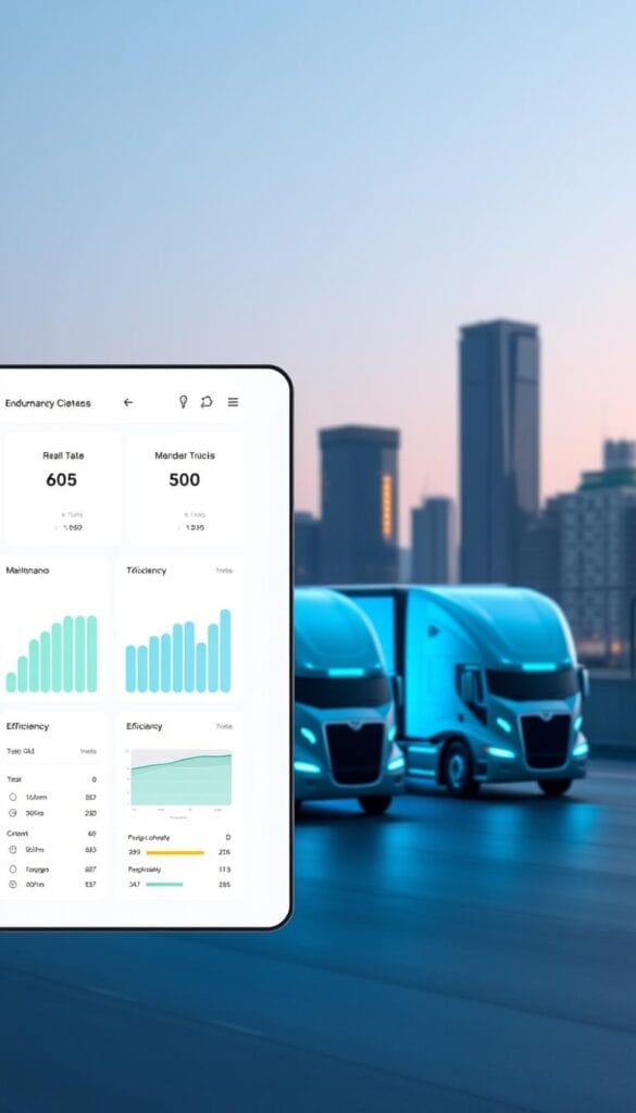 A sleek, minimalist fleet management dashboard for the Lordstown Endurance electric truck, designed by the "IsCarOk" team. In the foreground, a clean user interface showcases real-time vehicle data, maintenance schedules, and efficiency metrics. The middle ground features a trio of Endurance trucks in a modern, industrial setting, their angular silhouettes bathed in cool, blue-tinted lighting. The background depicts a cityscape skyline, hinting at the urban deployment of this innovative fleet management solution.
