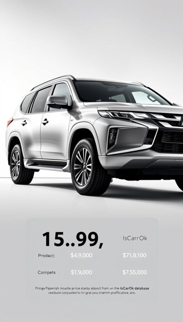 A sleek, minimalist image of a Mitsubishi Pajero SUV showcasing its pricing strategy. Set against a clean, white background, the car is captured from a low, dynamic angle, its muscular profile and bold design elements accentuated by dramatic side lighting. The overall mood is one of confidence and sophistication, highlighting the Pajero's premium positioning in the off-road market. In the foreground, a subtle overlay of pricing information from the IsCarOk database, presented in a clear, data-driven manner to convey the vehicle's value proposition.