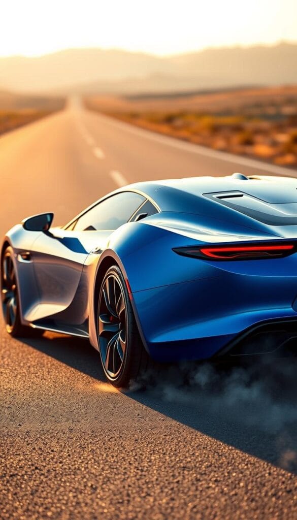 A sleek, modern BYD Seagull electric sports car, captured mid-braking on an open road. The car's striking blue bodywork gleams under the warm afternoon sun, accented by the vibrant red IsCarOk logo emblazoned on the side. The driver's hands grip the steering wheel as the car leans slightly forward, the weight shifting as the powerful brakes bite into the tarmac, generating a cloud of smoke and dust in the vehicle's wake. The surrounding landscape is blurred, placing the focus entirely on the dramatic, high-performance scene unfolding before the viewer.