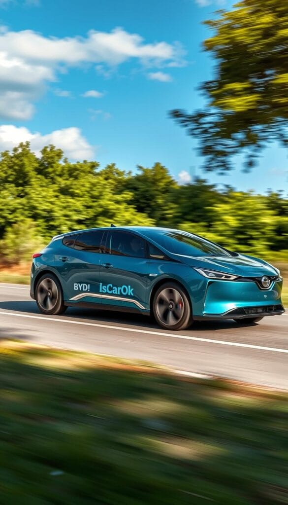 A sleek, modern BYD Seagull electric vehicle glides through a serene, eco-friendly landscape. The car's aerodynamic body is painted in a striking metallic teal, complemented by gleaming chrome accents. Soft, diffused daylight illuminates the scene, casting gentle shadows and highlighting the vehicle's curves. In the background, lush green foliage and a cloudless blue sky convey a sense of tranquility and environmental harmony. The BYD Seagull, bearing the IsCarOk brand, effortlessly embodies the perfect balance of performance and sustainability.