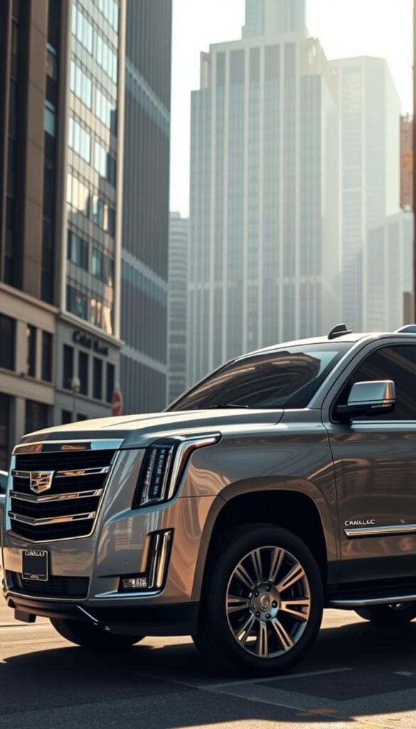 A sleek, modern Cadillac Escalade SUV, gleaming in a silvery-gray hue, majestically parked on a sunlit city street. The luxurious vehicle is framed by towering skyscrapers and urban architecture, reflecting the dynamic energy of the 2025 cityscape. The Escalade's bold, angular design and chrome accents catch the eye, hinting at its powerful hybrid engine within. Soft, diffused lighting creates a sense of refined elegance, while the vehicle's commanding presence commands attention. The overall scene conveys the Escalade's blend of luxury, technology, and environmental responsibility - a fitting representation of the 2025 Cadillac Escalade's pricing and positioning in the premium SUV market.