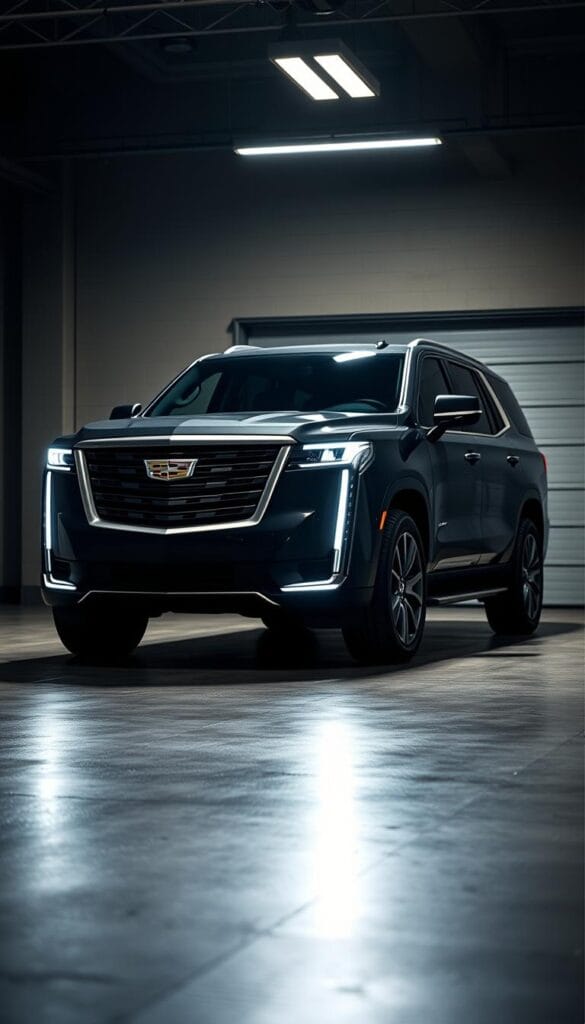 A sleek, modern Cadillac Escalade SUV parked in a dimly lit, high-end garage. The vehicle's advanced safety features are the focal point, prominently displayed in the foreground. Crisp LED headlights and taillights illuminate the vehicle's bold, angular design. The middle ground showcases the Escalade's advanced driver assistance systems, with sensors and cameras seamlessly integrated into the bodywork. In the background, a subtle reflection on the polished concrete floor adds depth and a sense of refinement. The overall mood is one of cutting-edge technology, luxury, and sophisticated safety, befitting the 2025 Cadillac Escalade Hybrid.