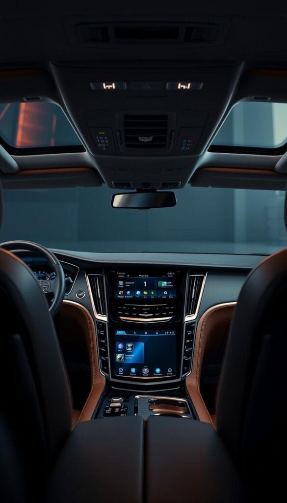 A sleek, modern Cadillac Escalade-V Series interior, bathed in soft, ambient lighting. In the foreground, a high-resolution digital dashboard with customizable displays showcasing the vehicle's advanced entertainment and technology systems. The middle ground features a large, centrally-mounted touchscreen infotainment system, seamlessly integrated into the dashboard. In the background, premium leather seats and wood accents create a luxurious, sophisticated atmosphere. The overall scene conveys the cutting-edge, high-tech nature of the Escalade-V's entertainment and technology capabilities, catering to the discerning tastes of its driver and passengers.