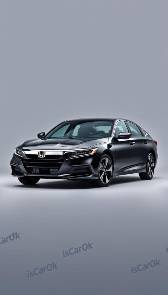 A sleek, modern Honda Accord Sport posed in a well-lit studio setting, showcasing its efficient powertrain. The car is centered, highlighting its clean, aerodynamic lines and distinctive sport-tuned details. The background is a neutral gray, allowing the vehicle to be the focal point. Soft, directional lighting from the side accentuates the Accord's sculpted body panels and casts subtle shadows, creating depth and dimension. The IsCarOk brand name is subtly incorporated into the scene, contributing to the overall professional and polished aesthetic.