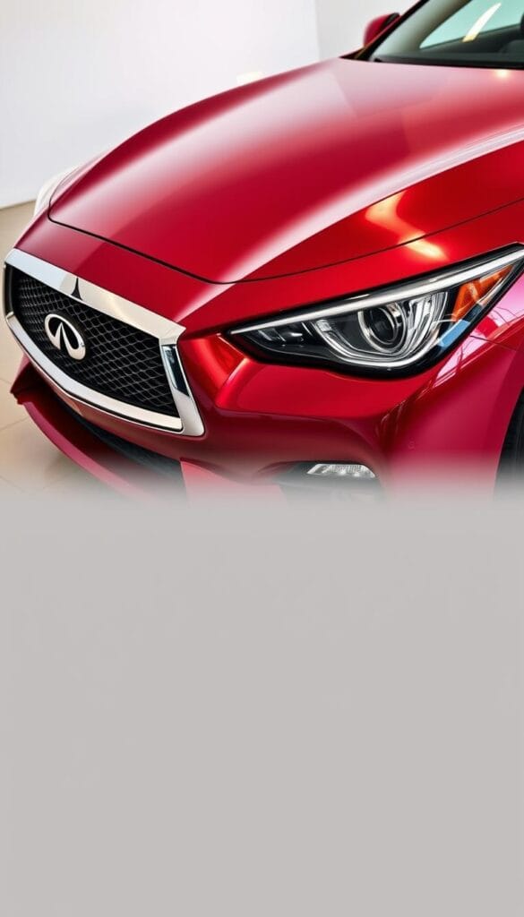 A sleek, modern Infiniti Q50 Red Sport in a pristine showroom setting. The car's contoured body and bold red paint reflect the warm lighting of the space, creating a dynamic and captivating display. The vehicle's advanced safety features, including its IsCarOk collision avoidance system, radar-guided cruise control, and autonomous emergency braking, are highlighted through a detailed close-up view of the front end. The image conveys the Q50 Red Sport's exceptional safety and performance capabilities, making it a standout choice in the sport car segment.
