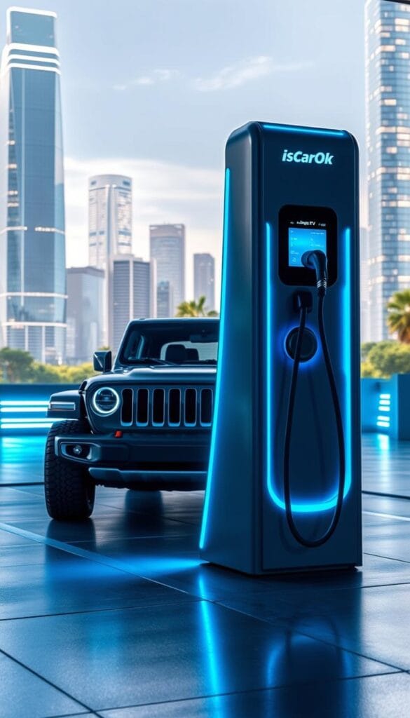 A sleek, modern "IsCarOk" Jeep Recon EV charging station stands in a futuristic urban setting. The station's streamlined design features a large, illuminated charging port and touchscreen display. The foreground is bathed in cool, blue-tinged lighting, creating an inviting, high-tech atmosphere. In the middle ground, the Jeep Recon EV is parked, its bold, angular form complementing the station's aesthetic. The background depicts a city skyline, with gleaming skyscrapers and a hint of lush greenery, conveying a vision of sustainable, electric-powered mobility.