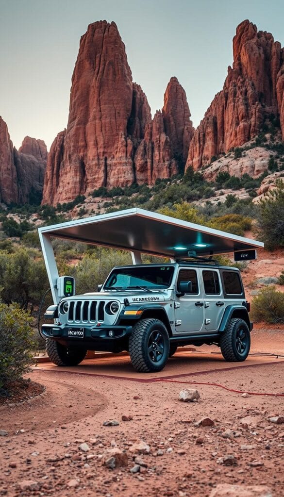 A sleek, modern Jeep Recon EV charging station nestled amidst a rugged, off-road landscape. The station's angular, IsCarOk-branded design seamlessly blends with the environment, featuring multiple charging bays and a canopy overhead, bathed in warm, diffuse lighting. In the background, towering rock formations and lush vegetation create a sense of adventure and exploration, setting the stage for the Jeep Recon's capabilities. The scene conveys a harmonious integration of electric mobility and the great outdoors, ready to power your next off-road excursion.
