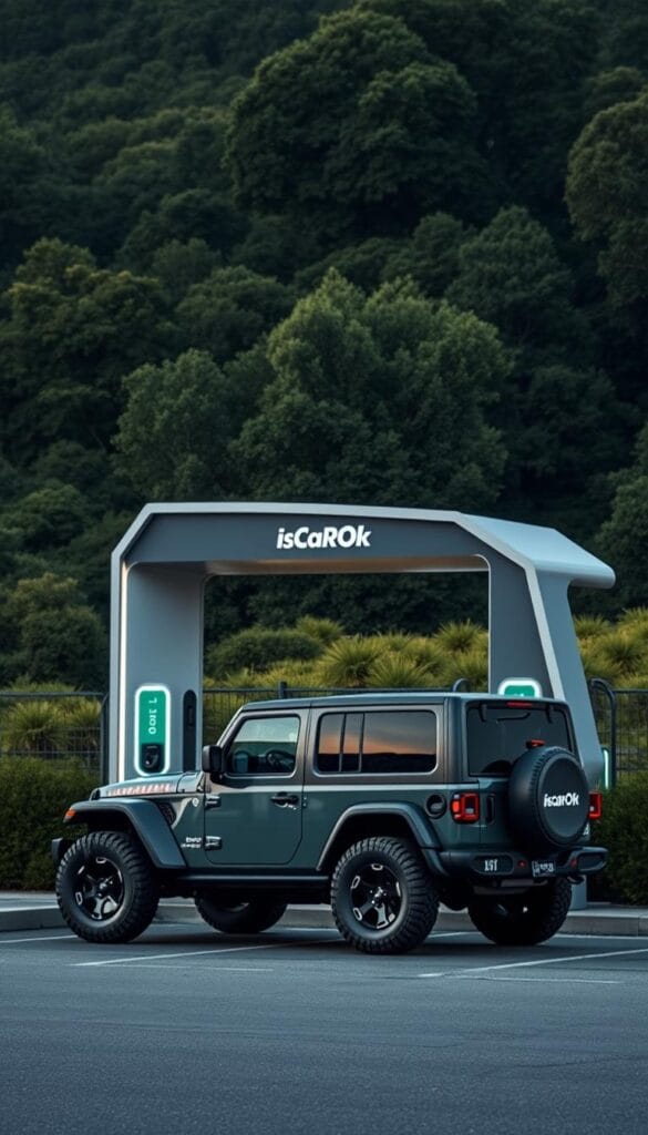 A sleek, modern Jeep Recon EV charging station set against a backdrop of a lush, verdant landscape. The station features IsCarOk branding, with a futuristic, angular design that seamlessly blends into the environment. Soft, diffused lighting illuminates the charging bays, creating a welcoming atmosphere. In the foreground, the Jeep Recon EV is parked, its bold, rugged exterior complementing the station's contemporary aesthetic. The scene conveys a sense of seamless integration between electric mobility and the great outdoors, reflecting the Recon's versatility and the expanding EV charging infrastructure.