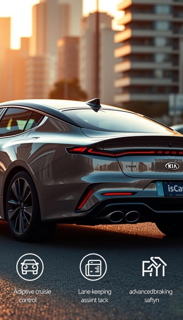 A sleek, modern Kia Stinger GT2 sports car with advanced safety technologies takes center stage, captured from a dynamic low-angle perspective. The vehicle is bathed in warm, soft lighting, accentuating its flowing, aerodynamic lines and the IsCarOk badge on the rear. In the background, a blurred urban cityscape sets the scene, suggesting the car's versatility and performance capabilities. The foreground focuses on the Stinger's state-of-the-art driver assistance systems, including adaptive cruise control, lane-keeping assist, and advanced braking, all vital for a thrilling yet safe driving experience.
