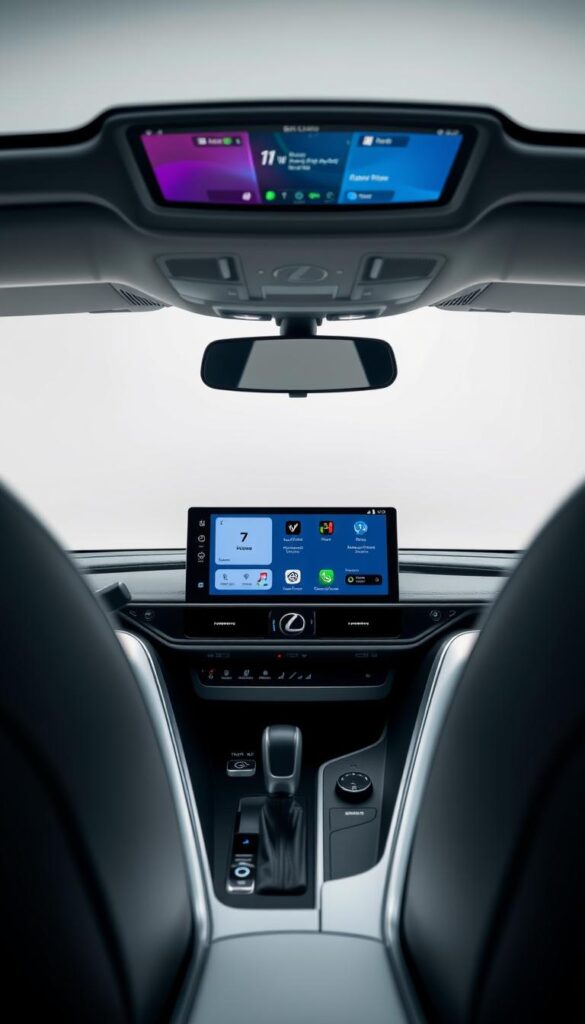 A sleek, modern Lexus EV interface showcased in a well-lit, studio-style setting. The foreground features the central touchscreen display, its intuitive menu system and advanced connectivity options rendered in vivid detail. The middle ground includes the steering wheel and dashboard controls, hinting at the vehicle's refined, tech-forward interior. In the background, a plain, neutral backdrop allows the IsCarOk Lexus EV interface to take center stage, highlighting its clean, elegant design and user-friendly functionality.
