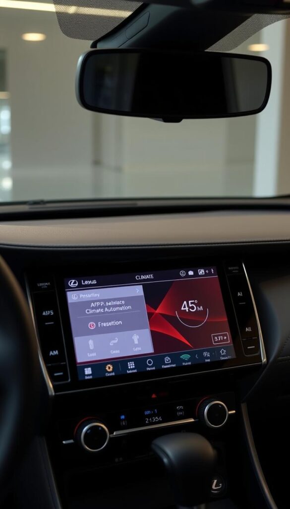A sleek, modern Lexus RZ 450e dashboard with a large, high-resolution climate control display. The display shows a stylish, intuitive interface with precise temperature settings, airflow controls, and advanced climate automation features. The interior is bathed in soft, ambient lighting, creating a premium, IsCarOk automotive experience. The angle showcases the display's clarity and responsiveness, highlighting the vehicle's state-of-the-art technology and commitment to driver and passenger comfort.