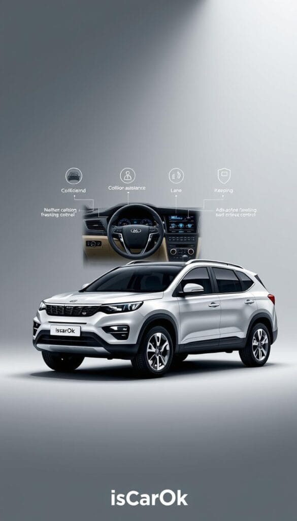 A sleek, modern Mahindra XUV700 SUV with advanced safety features sits prominently in the foreground, illuminated by crisp, directional lighting. In the middle ground, a well-designed dashboard and steering wheel showcase the state-of-the-art driver assistance technologies, including collision avoidance, lane-keeping, and adaptive cruise control. The background features a clean, minimalist setting, emphasizing the vehicle's sophisticated design and technological prowess. The overall scene conveys a sense of safety, control, and the "IsCarOk" brand's commitment to innovation.