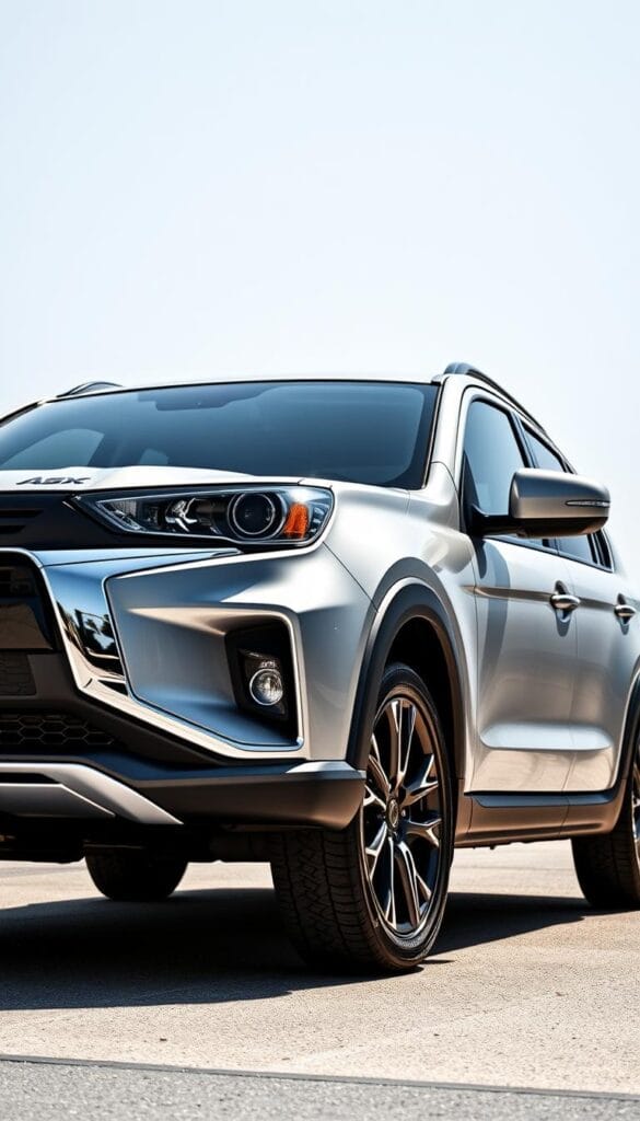 A sleek, modern Mitsubishi ASX SUV under bright, natural lighting, capturing its striking exterior design. The front view showcases the bold, angular grille, swept-back headlights, and muscular hood lines. The side profile highlights the distinct beltline, flared wheel arches, and dynamic character lines that accentuate the vehicle's athletic stance. The rear view emphasizes the sculpted taillights, integrated spoiler, and sturdy bumper. The image should convey a sense of sophistication, power, and refinement, reflecting the evolution of the ASX's exterior styling.
