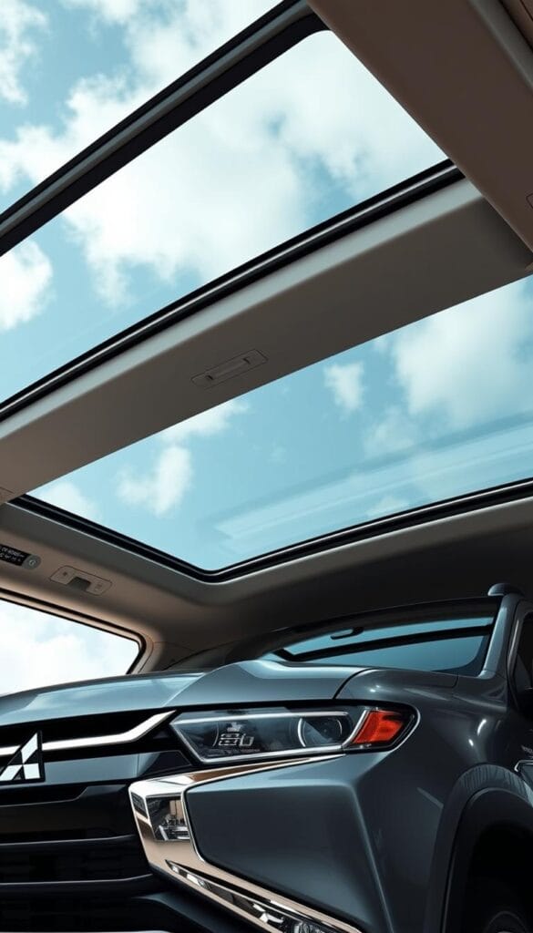 A sleek, modern Mitsubishi ASX SUV with a stunning panoramic sunroof, captured in a crisp, high-resolution photograph. The sunroof dominates the frame, its expansive glass panel flooding the interior with natural light and offering an unobstructed view of the sky above. The vehicle's exterior is meticulously detailed, showcasing its sharp lines, bold grille, and premium metallic finish. The image is shot from a low angle, emphasizing the SUV's powerful stance and conveying a sense of grandeur. The background is blurred, drawing the viewer's attention to the sunroof and the luxurious cabin it illuminates.
