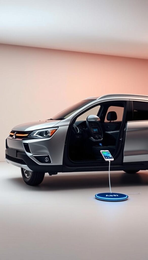 A sleek, modern Mitsubishi ASX crossover SUV showcasing its wireless connectivity features. The vehicle is captured in a well-lit, studio-style setting, with a clean and minimalist background. The car's interior is prominently displayed, with the infotainment system and wireless charging pad clearly visible. The scene conveys a sense of luxury and technology, highlighting the advanced connectivity capabilities of the ASX. The image is captured at a three-quarter angle, providing a dynamic and engaging perspective. The lighting is soft and diffused, creating a warm and inviting atmosphere that complements the vehicle's elegant design.