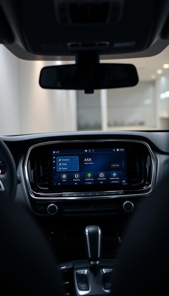 A sleek, modern Mitsubishi ASX dashboard with a prominent, high-resolution entertainment interface display. The screen is showcased in a well-lit, minimalist interior, with clean lines and a subtle chrome trim. The interface features intuitive menu options, crisp graphics, and a responsive touch panel. Soft ambient lighting creates a premium, luxurious atmosphere. The camera captures the display at a slight angle, emphasizing its size and centrality within the driver's field of view. The focus is sharp, and the depth of field blurs the peripheral elements, drawing the eye to the captivating interface design.