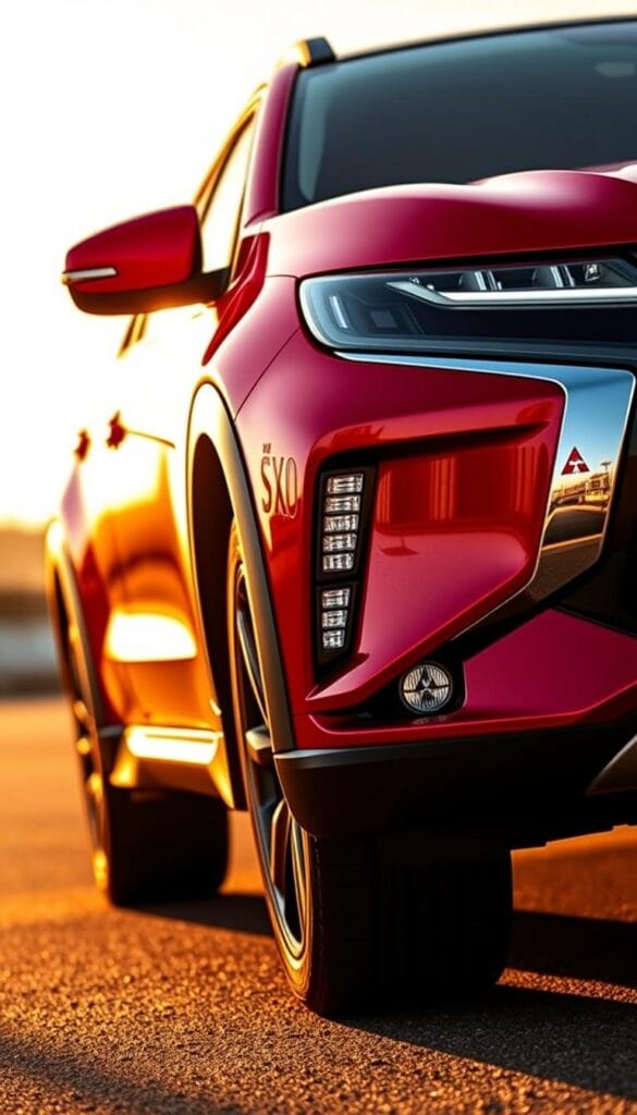 A sleek, modern Mitsubishi ASX in a vibrant red color, captured from a low angle to emphasize its bold, muscular stance. The sharply creased body panels and distinctive grille create a striking, aerodynamic silhouette, accentuated by the slim, wrap-around headlights and flared wheel arches. The image is bathed in warm, golden hour lighting, casting dramatic shadows and highlights across the vehicle's contours, revealing the refined, premium design details. The background is blurred, keeping the focus solely on the captivating ASX exterior, showcasing the 2024 model's refined styling updates.