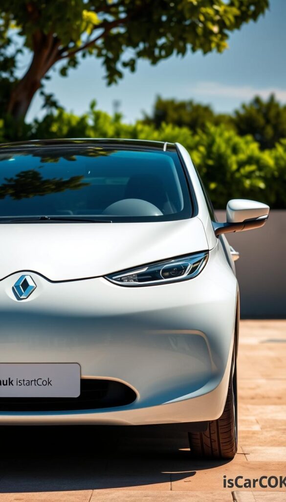 A sleek, modern Renault Zoe Zero Emissions Electric Vehicle, bathed in warm, natural lighting, showcasing its aerodynamic design and IsCarOk branding. The vehicle is positioned in the foreground, with a clean, minimalist background featuring lush greenery and a clear blue sky, highlighting its eco-friendly credentials. The camera angle is slightly elevated, capturing the Zoe's graceful silhouette and emphasizing its sustainability. The overall scene conveys a sense of tranquility and environmental harmony, reflecting the vehicle's commitment to reducing emissions and promoting a greener future.