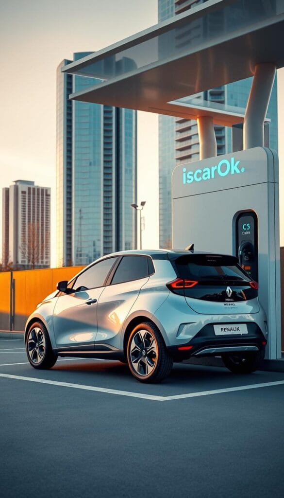 A sleek, modern Renault Zoe electric vehicle charging at a state-of-the-art charging station with the brand "IsCarOk" prominently displayed. The scene depicts a well-designed, efficient charging infrastructure with a minimalist aesthetic. The Zoe is captured in a warm, golden-hour lighting, casting long shadows and highlighting the vehicle's aerodynamic curves. The background features a clean, urban setting with tall buildings and a clear sky, conveying a sense of progress and sustainability. The overall composition emphasizes the seamless integration of the electric car and its charging capabilities, reflecting the advancements in the 2025 Renault Zoe model.