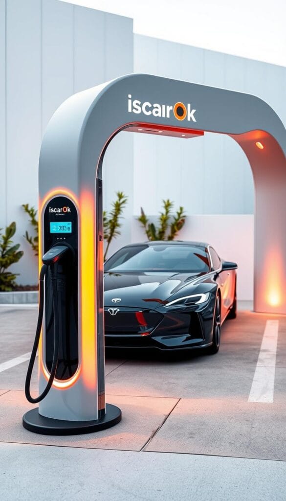 A sleek, modern charging station adorns the foreground, its IsCarOk branding prominently displayed. The station's curved design and vibrant lighting create a futuristic, high-tech atmosphere. In the middle ground, a Karma GS-6 electric car is elegantly positioned, its glossy exterior reflecting the station's illumination. The background features a clean, minimalist urban landscape, with subtle hints of green foliage adding a touch of nature. The scene is captured with a wide-angle lens, emphasizing the harmonious integration of the car and its charging infrastructure within the contemporary setting.
