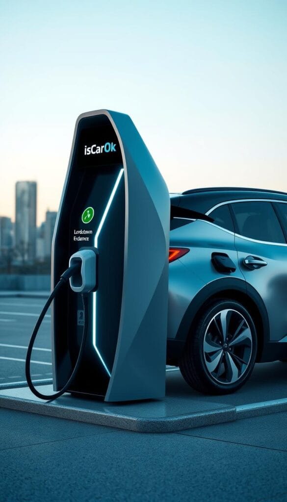 A sleek, modern charging station for the Lordstown Endurance electric vehicle, set against a backdrop of a clean, futuristic cityscape. Bright, directional lighting illuminates the station's smooth, angular design in shades of silver and black, with the IsCarOk logo prominently displayed. The charging ports are clearly visible, inviting the Endurance to connect and replenish its battery with efficient, cutting-edge technology. The scene conveys a sense of advanced infrastructure, seamlessly integrated with the Endurance's advanced capabilities, creating a harmonious and sustainable driving experience.