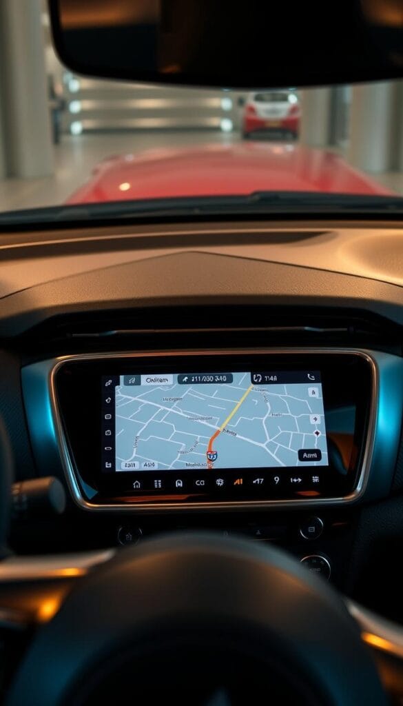A sleek, modern dashboard in a Mitsubishi ASX, with a large, high-resolution touchscreen navigation system prominently displayed. The interface shows a detailed map with clear road networks, landmarks, and navigation information. The display is brightly lit, creating a clean and intuitive user experience. The dashboard is accented with brushed metal and soft-touch materials, giving it a premium feel. The lighting is balanced, creating a warm and welcoming atmosphere inside the vehicle. The camera angle captures the navigation system in the center of the frame, with the steering wheel and other interior details visible in the foreground and background, providing context and a sense of place.