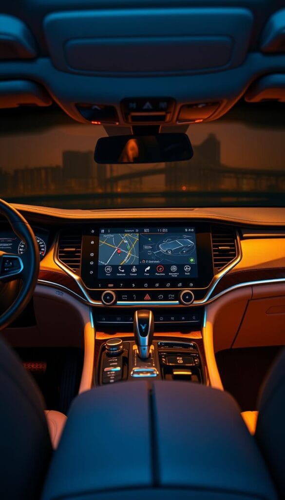 A sleek, modern dashboard of a luxury SUV, bathed in warm ambient lighting. In the center, a large, high-resolution infotainment display dominates the scene, showcasing advanced navigation, media controls, and vehicle settings. Elegant touch-sensitive buttons and knobs flank the display, providing tactile interaction. The dashboard is crafted from premium materials, such as brushed aluminum and soft-touch leather, exuding a refined, high-end aesthetic. Discreet indicators and readouts provide vital information to the driver, while the steering wheel features integrated controls for seamless command of the infotainment system. The overall composition conveys a harmonious blend of technology and luxury, perfectly suited for the discerning driver of a premium SUV.
