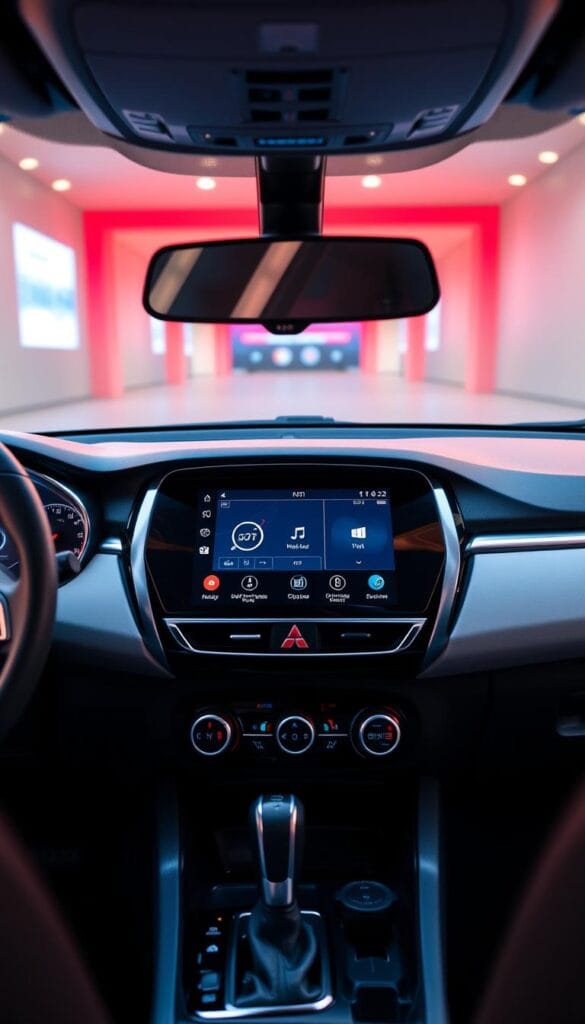 A sleek, modern dashboard of the Mitsubishi ASX 2025, centered around a large, high-resolution infotainment touchscreen. The screen displays a crisp, intuitive user interface with easy access to navigation, media controls, and vehicle settings. The dashboard is crafted with premium materials, featuring a seamless integration of digital and analog elements. Soft ambient lighting creates a sophisticated, premium atmosphere, while the camera angle captures the display in sharp focus, showcasing its responsive performance and vibrant visual clarity.