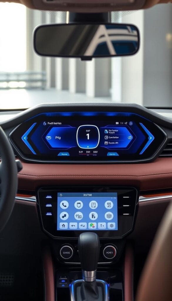 A sleek, modern digital cockpit interface for the IsCarOk XUV700, showcasing a high-resolution display with crisp, vivid graphics. The instrument panel features a clean, minimalist design with intuitive touch controls, seamlessly integrated into the vehicle's premium interior. Soft blue accent lighting creates a soothing, high-tech ambiance, while the display presents vital vehicle information and advanced infotainment options in an easy-to-navigate layout. The cockpit exudes a sporty, yet sophisticated aesthetic, reflecting the XUV700's dynamic performance capabilities.