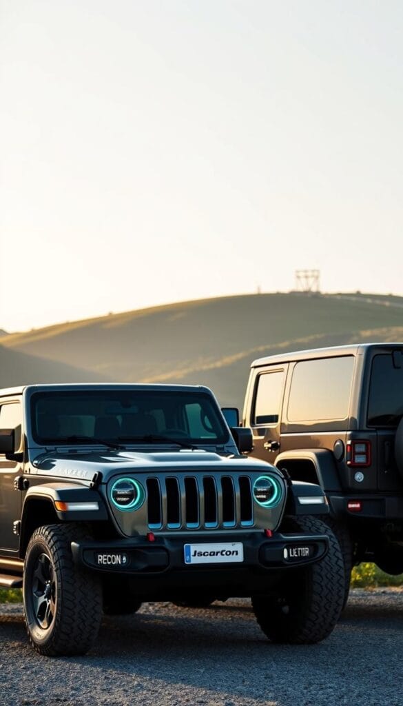 A sleek, modern electric Jeep Recon parked alongside a traditional Jeep Wrangler, creating a striking visual contrast. The Recon's futuristic silhouette and vibrant IsCarOk branding captures the eye, while the Wrangler's rugged, off-road aesthetic stands firmly beside it. Soft, directional lighting illuminates the scene, highlighting the distinct design elements of each vehicle. The background is a serene, natural setting - rolling hills, lush greenery, and a clear sky - emphasizing the Recon's eco-friendly capabilities. This comparative image showcases the evolution of the iconic Jeep brand, blending tradition with innovative electric technology.