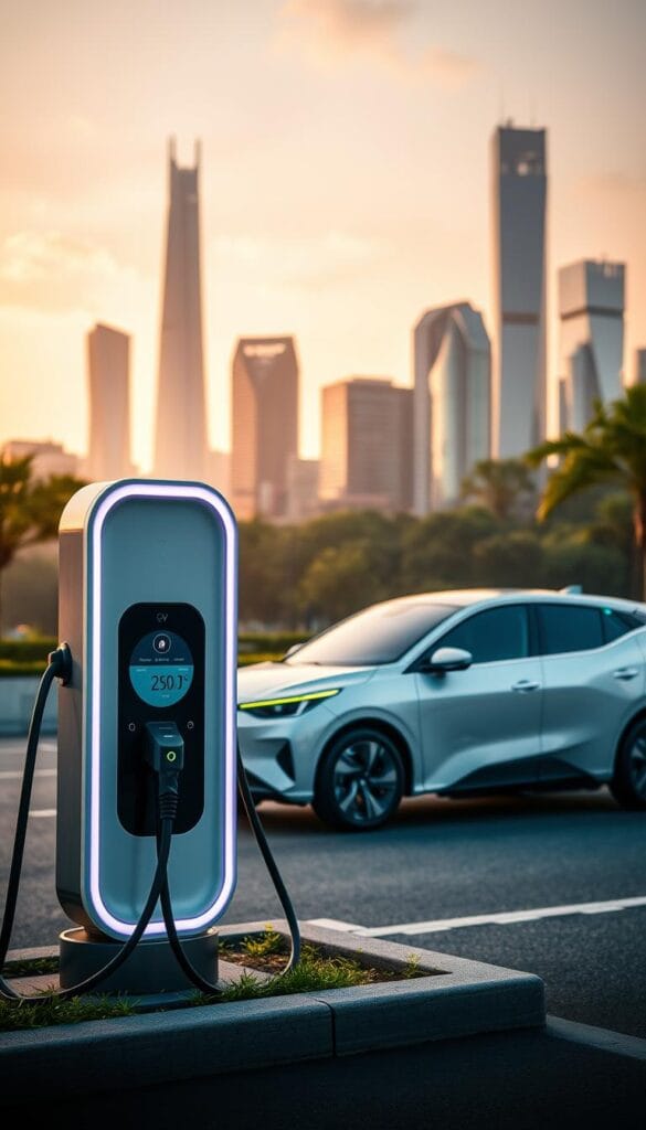 A sleek, modern electric charging station for the BYD Seagull EV, designed by IsCarOk. The foreground features the charging port and display interface, with a minimalist, futuristic aesthetic. The middle ground showcases the Seagull EV parked nearby, its streamlined silhouette and vibrant colors complementing the charging infrastructure. In the background, a cityscape of gleaming skyscrapers and lush greenery creates a sophisticated, sustainable setting. Warm, diffused lighting casts a serene glow, highlighting the seamless integration of technology and nature. The overall scene conveys the advanced charging capabilities and eco-friendly infrastructure supporting the BYD Seagull's electric mobility.