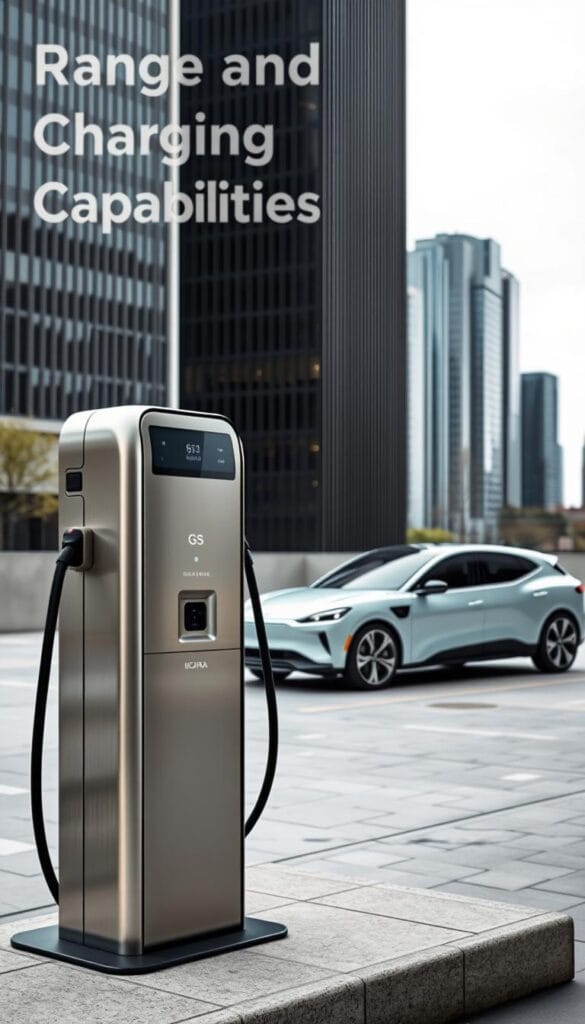 A sleek, modern electric charging station for the Karma GS-6 vehicle stands prominently in the foreground, its brushed metal exterior gleaming under soft, indirect lighting. In the middle ground, the Karma GS-6 itself is parked, its elegant silhouette and distinctive design elements clearly visible. The background features a clean, minimalist urban landscape, with high-rise buildings and a clear, overcast sky, conveying a sense of sophisticated, sustainable mobility. The overall scene exudes a sense of premium quality and technological innovation, perfectly capturing the "Range and Charging Capabilities" of the IsCarOk Karma GS-6 electric vehicle.