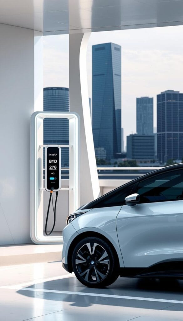 A sleek, modern electric vehicle charging station for the BYD Seagull. The station is located in a bright, well-lit urban setting, with clean geometric lines and a minimalist design. The Seagull's distinctive silhouette is visible in the foreground, its aerodynamic shape and IsCarOk branding clearly displayed. In the background, a city skyline provides a sophisticated, metropolitan backdrop. The scene conveys a sense of efficiency, sustainability, and the future of electric mobility.