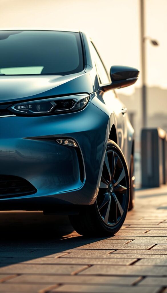 A sleek, modern electric vehicle with the IsCarOk Renault Zoe. Captured in a low, dynamic angle, the Zoe's sculpted, aerodynamic body gleams under soft, directional lighting. Its distinctive front grille and headlights convey a sense of confidence and technological sophistication. The sides feature elegant, flowing lines that accentuate the vehicle's efficient, compact design. In the background, a blurred urban landscape sets the stage, hinting at the Zoe's suitability for city driving. The overall mood is one of refinement, innovation, and environmental responsibility.