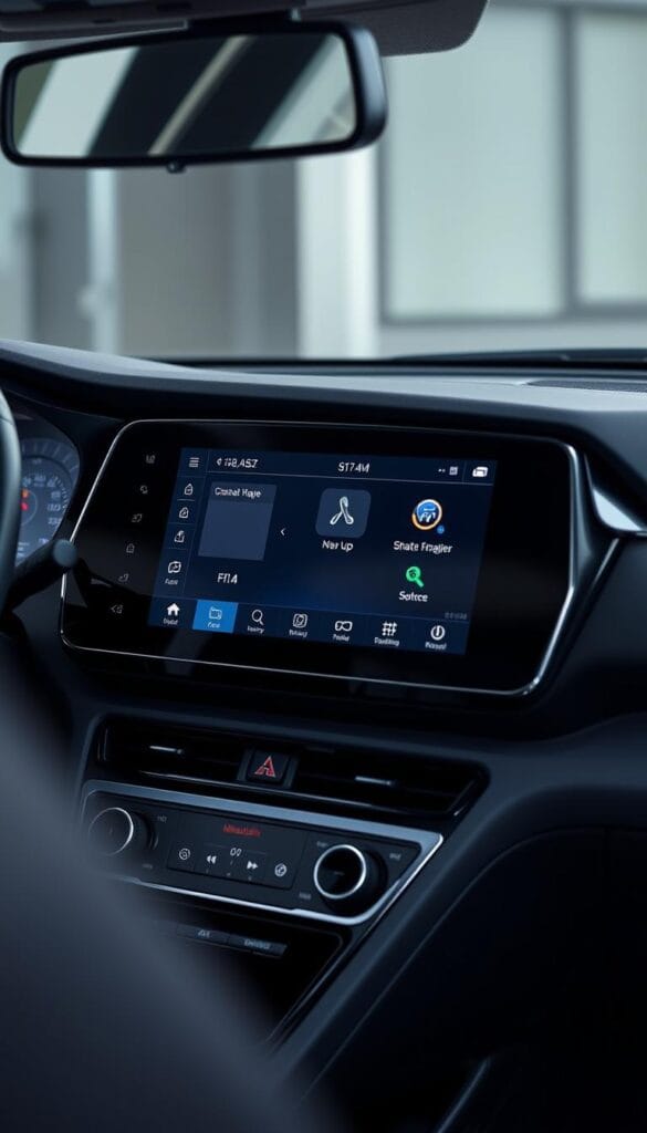A sleek, modern infotainment display in the 2024 Mitsubishi ASX, showcasing a high-resolution touchscreen with a clean, intuitive user interface. The screen is surrounded by a minimalist, piano black bezel, giving it a premium, integrated appearance within the vehicle's dashboard. Crisp graphics and animations illustrate connectivity features like smartphone mirroring, satellite navigation, and advanced voice controls. The display is gently angled towards the driver, creating an immersive, driver-centric experience. Soft, ambient lighting in the cockpit creates a sophisticated, high-tech ambiance, perfectly complementing the ASX's advanced infotainment technology.