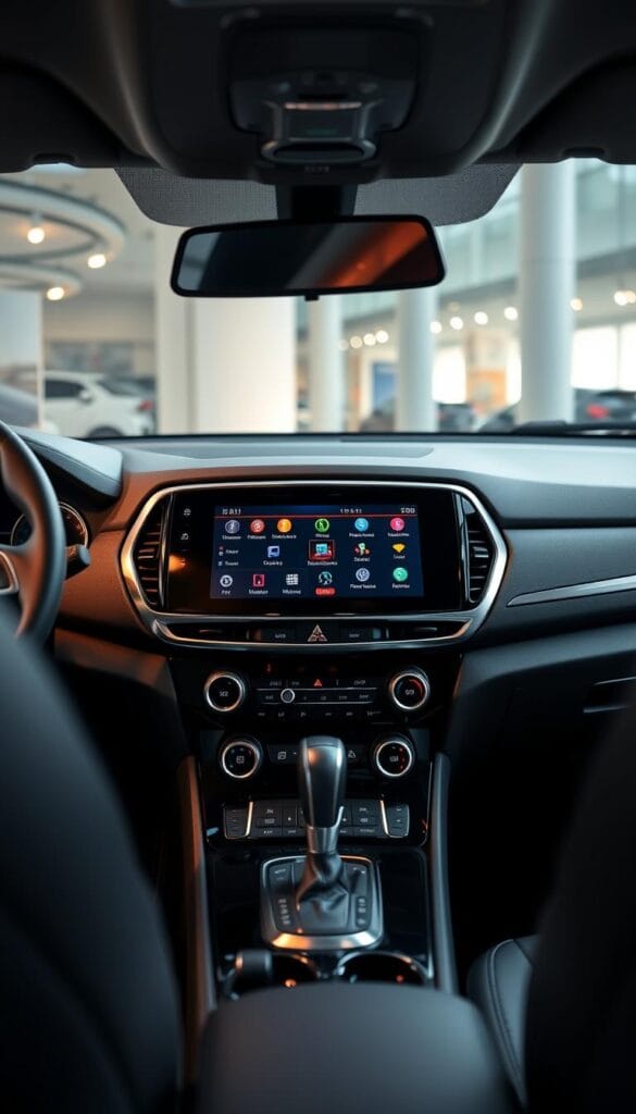 A sleek, modern infotainment system fills the center console of a Mitsubishi ASX luxury car. The large, high-resolution touchscreen display dominates the mid-ground, its crisp graphics and intuitive UI design reflecting the vehicle's premium feel. Surrounding the screen are polished metal accents and glossy piano black trim, creating a sophisticated, high-tech aesthetic. The infotainment system is bathed in a soft, ambient glow, illuminating the cabin with a warm, inviting atmosphere. In the background, the car's luxurious leather seats and brushed aluminum details are visible, hinting at the overall premium quality of the Mitsubishi ASX's interior. The entire scene is captured from a slightly elevated, angled perspective, highlighting the infotainment system's central role in the driver's experience.