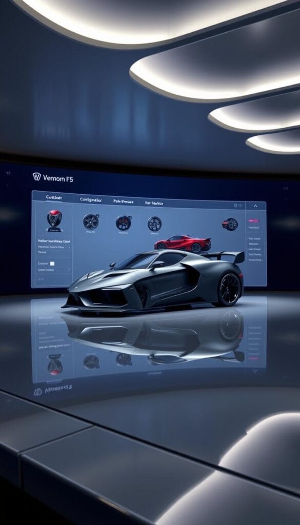 A sleek, modern interface of the Hennessey Venom F5 Configurator technology, showcasing a detailed 3D model of the vehicle on a reflective, glossy display. Soft, indirect lighting illuminates the car's dynamic, aerodynamic silhouette from various angles, highlighting its bold design elements. The configurator allows the user to seamlessly adjust and customize various aspects of the Venom F5, such as the exterior color, interior trim, wheels, and performance upgrades, with a clean, intuitive user experience. The scene conveys a sense of advanced, high-tech luxury and the endless possibilities for personalization.