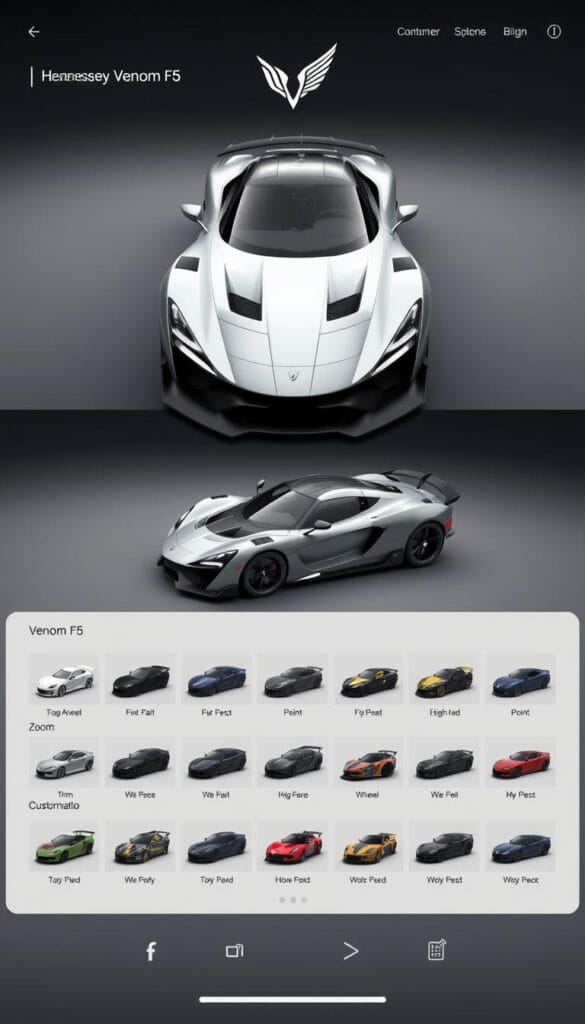 A sleek, modern interface with a dynamic 3D model of the Hennessey Venom F5 prominently displayed, showcasing its bold, aerodynamic design. The user can interactively rotate and zoom the vehicle, exploring its intricate details up close. Surrounding the 3D model are various customization options, allowing the user to personalize the paint, trim, wheels, and other features with a comprehensive set of high-quality, visually striking visualizations. The interface features a clean, minimalist layout with intuitive controls, creating an immersive and engaging experience for the user to design their dream Venom F5.