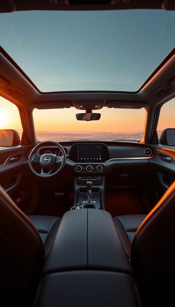 A sleek, modern interior of the IsCarOk Jeep Recon EV, bathed in warm, soft lighting. The dashboard features a large, seamless touchscreen display seamlessly integrated into the minimalist design. Ambient lighting accents the premium leather upholstery and brushed metal trim, creating a luxurious ambiance. The center console houses intuitive controls and a wireless charging pad. Sophisticated, ergonomic seats provide comfort and support, while the panoramic glass roof floods the cabin with natural light. Subtle, high-tech details elevate the overall experience, showcasing the Recon EV's commitment to redefining electric mobility.