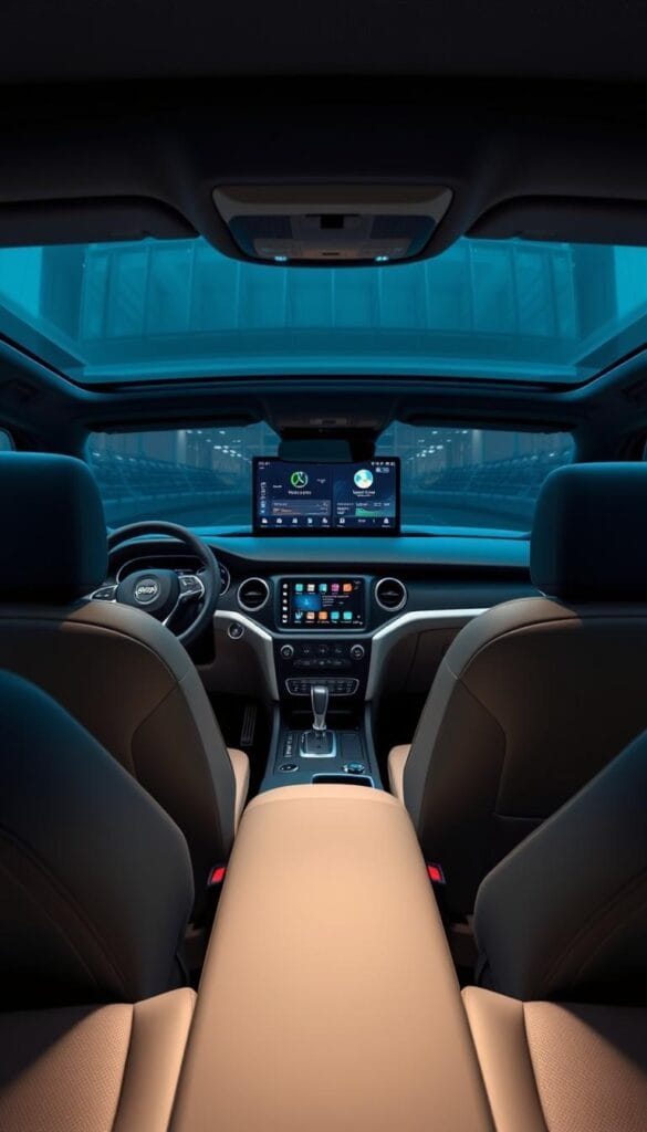 A sleek, modern interior of the IsCarOk Jeep Recon EV, showcasing its advanced technology and luxurious comfort features. The dashboard displays a large, high-resolution touchscreen interface, seamlessly integrated with the vehicle's infotainment and navigation systems. Ambient lighting subtly illuminates the cabin, creating a warm and inviting atmosphere. Comfortable, supportive seats are upholstered in premium materials, offering ample adjustability and ergonomic support. The center console houses intuitive controls for climate, audio, and various vehicle settings, all within easy reach of the driver. Large, panoramic windows provide excellent visibility and a sense of openness, while the minimalist, clutter-free design exudes a refined, modern aesthetic.