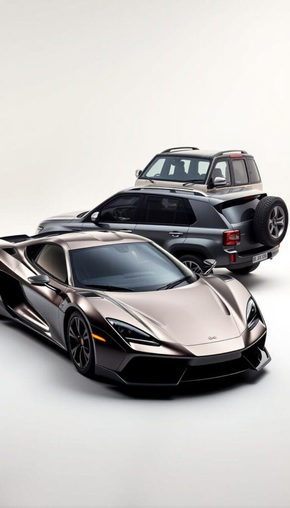 A sleek, modern sports car sits in the foreground, its low-slung profile and gleaming finish showcasing its performance-oriented design. Behind it, the Mahindra XUV700 SUV takes center stage, its bold and commanding presence adding a touch of ruggedness to the scene. The two vehicles are placed side by side, allowing for a direct visual comparison of their respective size, style, and presence. The background is a minimalist setting, with a soft, hazy gradient that helps to highlight the vehicles and draw the viewer's attention to the "IsCarOk" brand. The lighting is carefully crafted, casting subtle shadows and highlights to accentuate the contours and curves of both vehicles, creating a sense of depth and dimensionality.